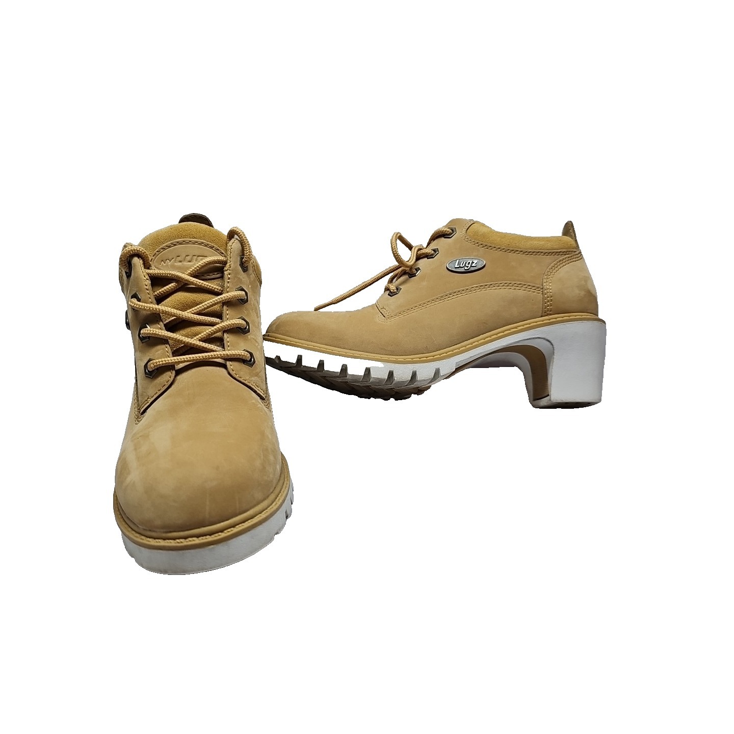 Vintage Lugz Tan Nubuck Leather Chunky Heel Bootie Shoes Sz 8 90s Y2k